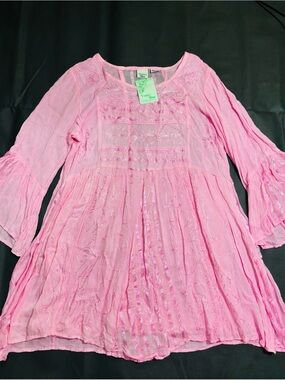Venice Blue Baby Pink Embroidered Flowy Sheer Mini Dress Quarter Sleeve NWT FS